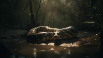 AI generated illustration of a large Anaconda coiled up in a sunny near a body of water