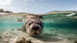 AI generated illustration of a cute brown otter underwater looking at the camera