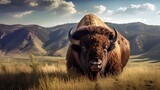 Fototapeta  - AI generated illustration of A majestic American bison standing in a grassy field