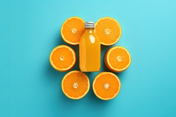 Wall Mural - A small bottle of orange juice with orange slices on a light blue background
