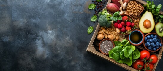 Poster - A wooden box atop a table is brimming with a variety of fresh fruits and vegetables, offering a wealth of natural foods and potential ingredients for delicious recipes and nutritious dishes.