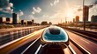 Sustainable Speed. a low angle image that portrays a high speed futuristic city train, ai generated