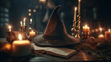 Halloween Witches'witch Hat, Book And Candles In A Library