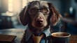 AI generated illustration of a smart looking dog in glasses and a suit near a cup of coffee
