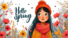 Hello Spring Greeting Post Card. Flowers Card. Colorful Floral Graphic Design. Spring Season Holiday Art. Beautiful Woman Celebrate Warm Weather. Celebration Drawing. Cute Girl In Hat And Sweater.