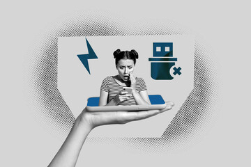 Poster - Collage photo of unhappy girl looking at her wireless smartphone charger dont working when she need it isolated on gray background