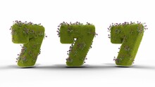 3D Rendering Of Three Green Numbers Seven Decorated With Grass And Flowers On A White Background