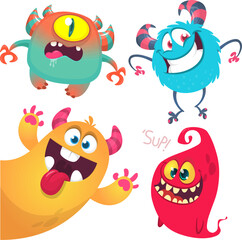 Canvas Print - Funny cartoon monsters with different face expressions. Set of cartoon vector happy monsters characters. Halloween design for party decoration,  package design