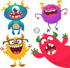 Wall Mural - Funny cartoon monsters with different face expressions. Set of cartoon vector happy monsters characters. Halloween design for party decoration,  package design
