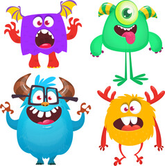 Canvas Print - Funny cartoon monsters with different face expressions. Set of cartoon vector happy monsters characters. Halloween design for party decoration,  package design