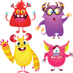Poster - Funny cartoon monsters with different face expressions. Set of cartoon vector happy monsters characters. Halloween design for party decoration,  package design