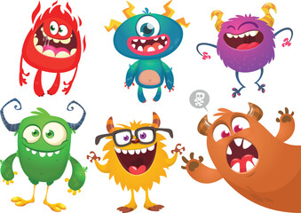 Wall Mural - Funny cartoon monsters with different face expressions. Set of cartoon vector happy monsters characters. Halloween design for party decoration,  package design