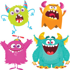 Canvas Print - Funny cartoon monsters with different face expressions. Set of cartoon vector happy monsters characters. Halloween design for party decoration,  package design