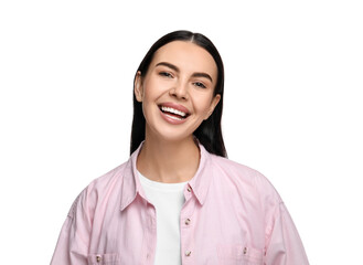 Wall Mural - Beautiful woman with clean teeth smiling on white background