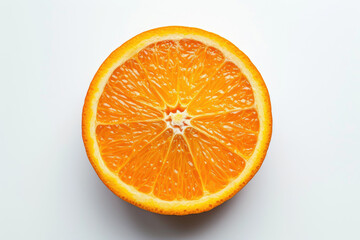 Close-Up View of a Juicy Orange Half Isolated on a White Background This image showcases a vibrant orange slice with its vivid orange textures highlighted against a clean, white backdrop.