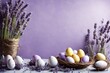 Delicate lavender backdrop adorned with whimsical Easter decorations and an array of eggs, setting the stage for your celebratory text