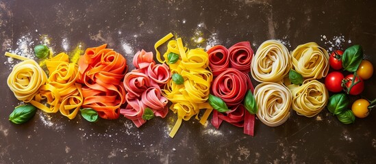 Wall Mural - A beautiful arrangement of colorful pasta and vegetables resembling a garden filled with vibrantly colored flowers like roses.