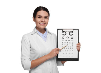 Canvas Print - Ophthalmologist pointing at vision test chart on white background