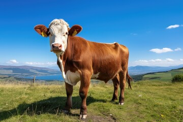 Wall Mural - Brown cow looking at the camera on the green pasture