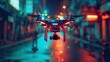 A camera-equipped drone hovers in a neon-lit alley, adding a high-tech element to the urban nightlife scene.