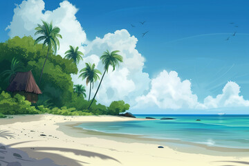 Poster - Beach with palm trees. Perfect vacation spot. Background illustration. Created with Generative AI technology