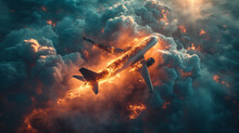 Illustration Of A Burning Plane Flying High In The Sky, Tragedy In The Sky, Dark Sky, People In Danger.