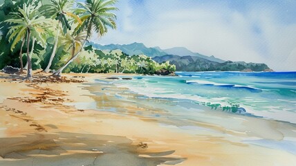 Wall Mural - watercolor painting, beach picture created by artificial intelligence