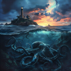 Wall Mural - lighthouse in the sea and the giant octopus under water