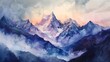 watercolor image with big mountains, image created by artificial intelligence