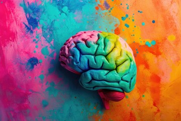 Multicolored brain model on vibrant painted background. National Mental Health Awareness