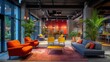 Modern office lounge designed with a bold color scheme, featuring orange and yellow chairs, a stylish gray sofa, and lush greenery for a relaxed work environment.
