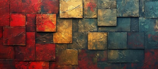 Poster - A visually appealing artwork featuring rectangular squares on a colorful wall, made with wood or composite materials, creates a symmetrical pattern as a unique fixture in the building.