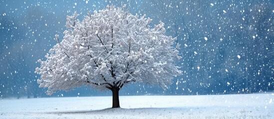 Canvas Print - A freezing tree, covered in electric blue snow, stands alone in a snowy field surrounded by a natural landscape and under a cloudy sky.