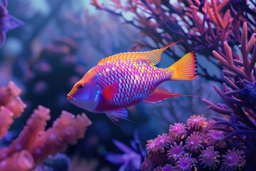 Wall Mural - Underwater Oasis: Colorful tropical fish gracefully glide through an enchanting aquarium adorned with vibrant coral reefs.