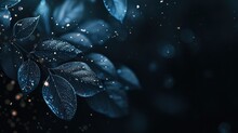 Fantasy Leaves Background In Dark Blue Green With Sparkling Effect

