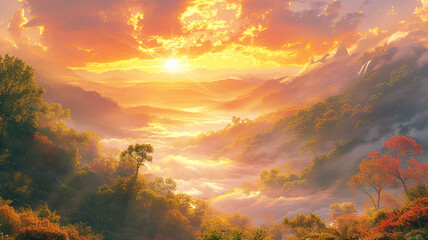  Early morning sun rays illuminate a mist-covered forest landscape with the backdrop of majestic mountains at sunrise.
