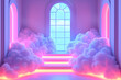 Pink neon atmospere room with a window steps and clouds, modern concep of stariway to heaven, blissfull enviroment and trending rooms.