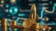 A golden rocket launching from a pile of Bitcoins against a glowing, futuristic blue backdrop, metaphorical for financial growth in the cryptocurrency market.