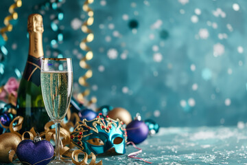 Festive background with confetti, champagne and mask