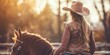 A cowgirl enjoys a serene ride on a horse through the sunlit countryside, reflecting a peaceful rural lifestyle