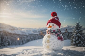 Poster - Snowman With Red Hat and Scarf in Snow