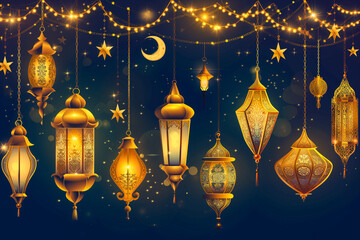 Wall Mural - Arabic traditional Ramadan Kareem eastern lantern garland on a dark background. Illustration