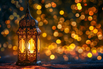 Wall Mural - Ornamental Arabic lantern with burning candle glowing on a bokeh dark background