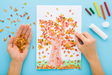 Wall Mural - Woman hands gluing and creating tree shape from colorful leaves on white paper. Blue table background. Pastel color. Making autumn decorations for kids. Point of view shot. Closeup. Top down view.