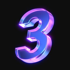 Fototapete - 3d rendering of glowing number 3 in the dark. number three sign with neon retro light. 3d illustration with glass gradient material