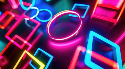 Poster - A visual effect lighting with blue, light purple, and red neon circles and squares on a dark background.