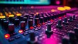 Mixer control. Music engineer. Backstage controls on an audio mixer, Sound mixer. Professional audio mixing console with lights, buttons, faders and sliders