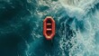 A lone red lifeboat adrift in vast turquoise ocean. serene but invokes the feel of isolation. perfect for conceptual art. AI