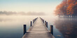 Jetty in the fog. Mystical foggy landscape at the lake. Morning fog in autumn generated ai