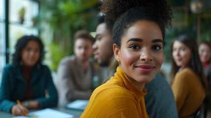 Poster - Confident young woman smiling in a group meeting. casual corporate setting. diverse and modern team environment. bright and optimistic workplace scene. AI